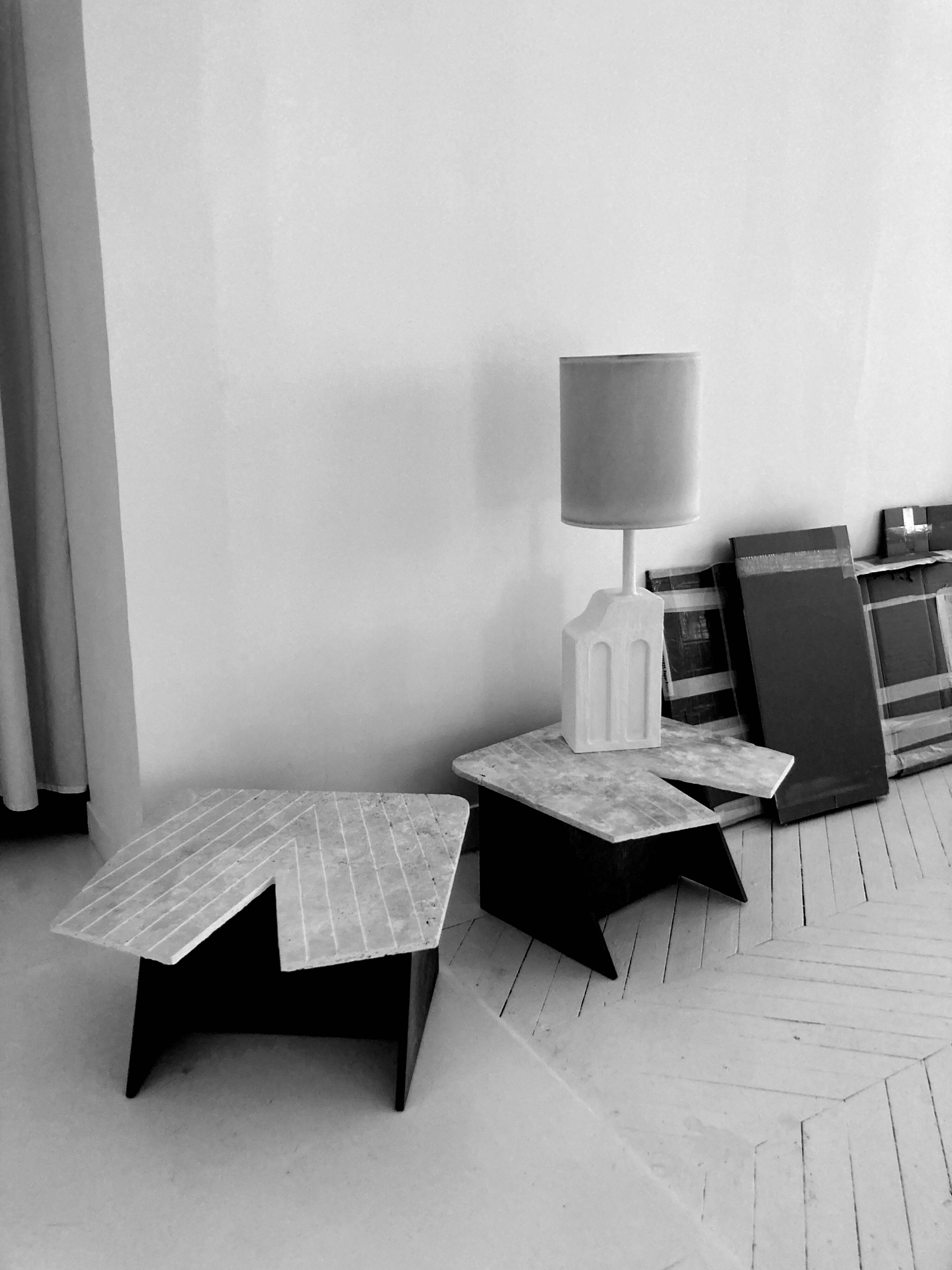 Wood and sculpted travertine table - Italy 1970