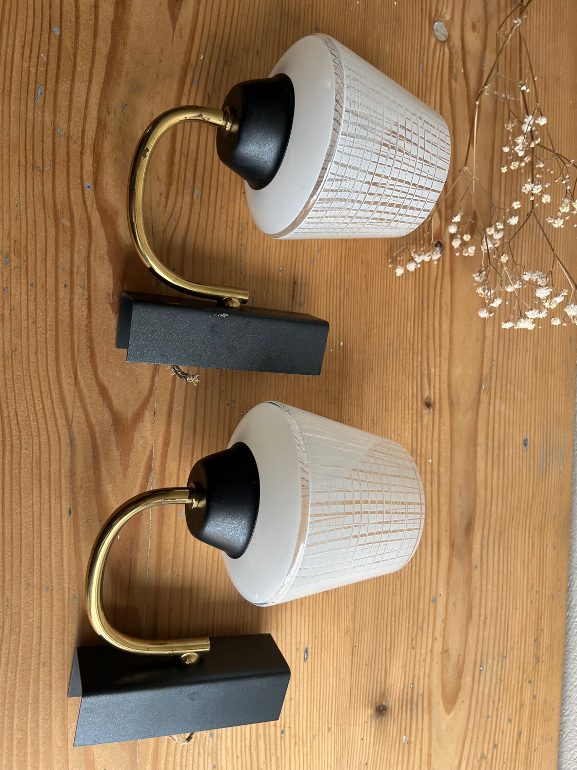 Pair of vintage glass/metal wall lights / circa 1950s 1960s