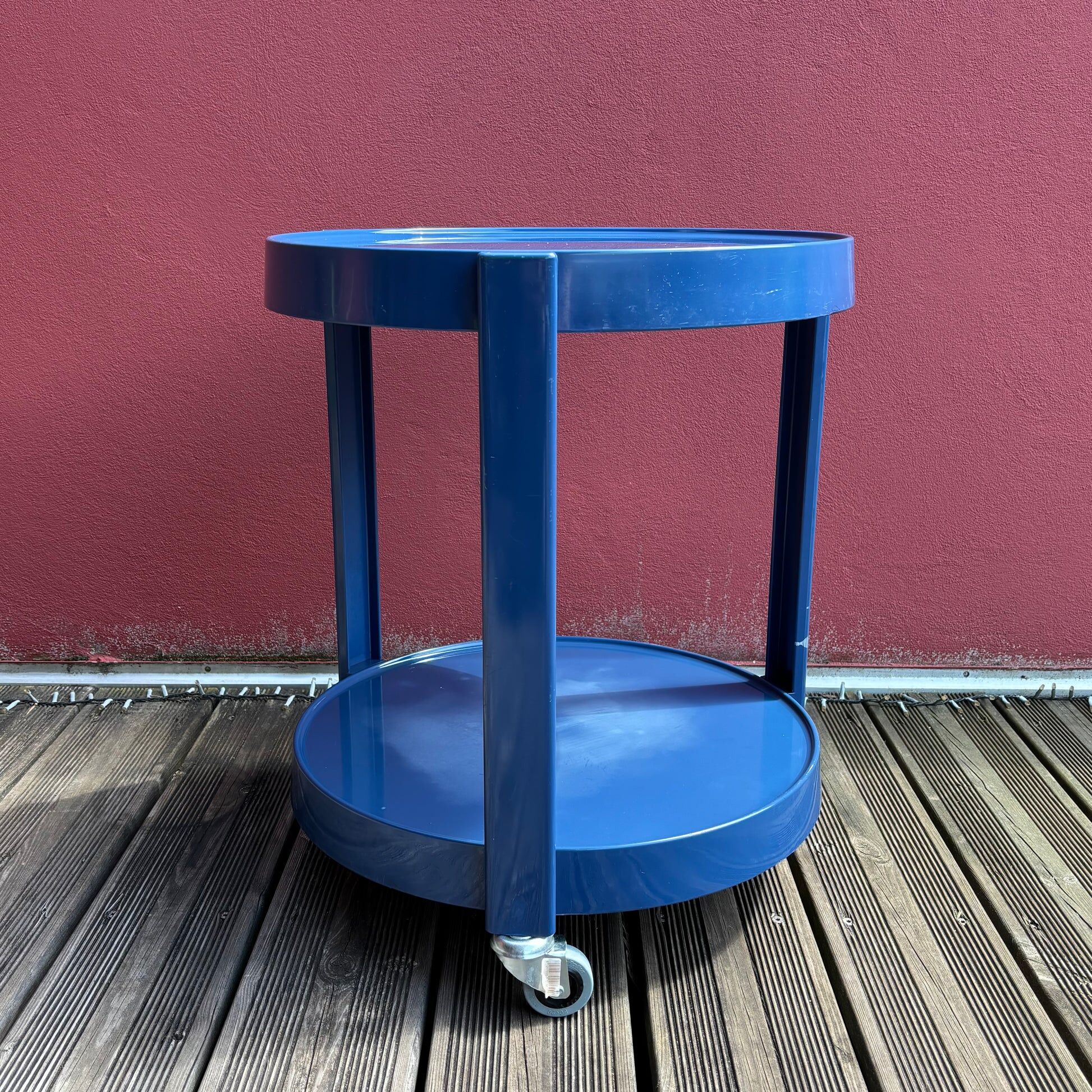 Space-age navy blue rolling dessert trolley