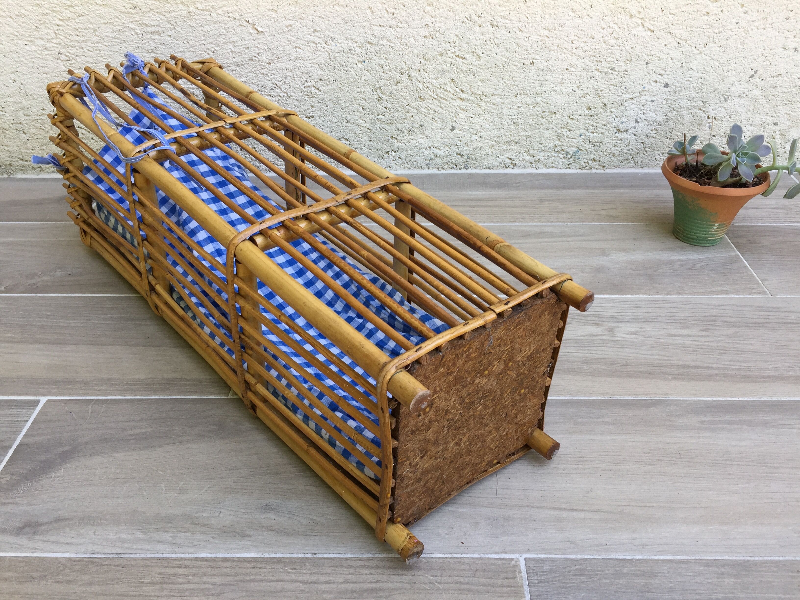 Panier rotin et tissu vishy bleu vintage