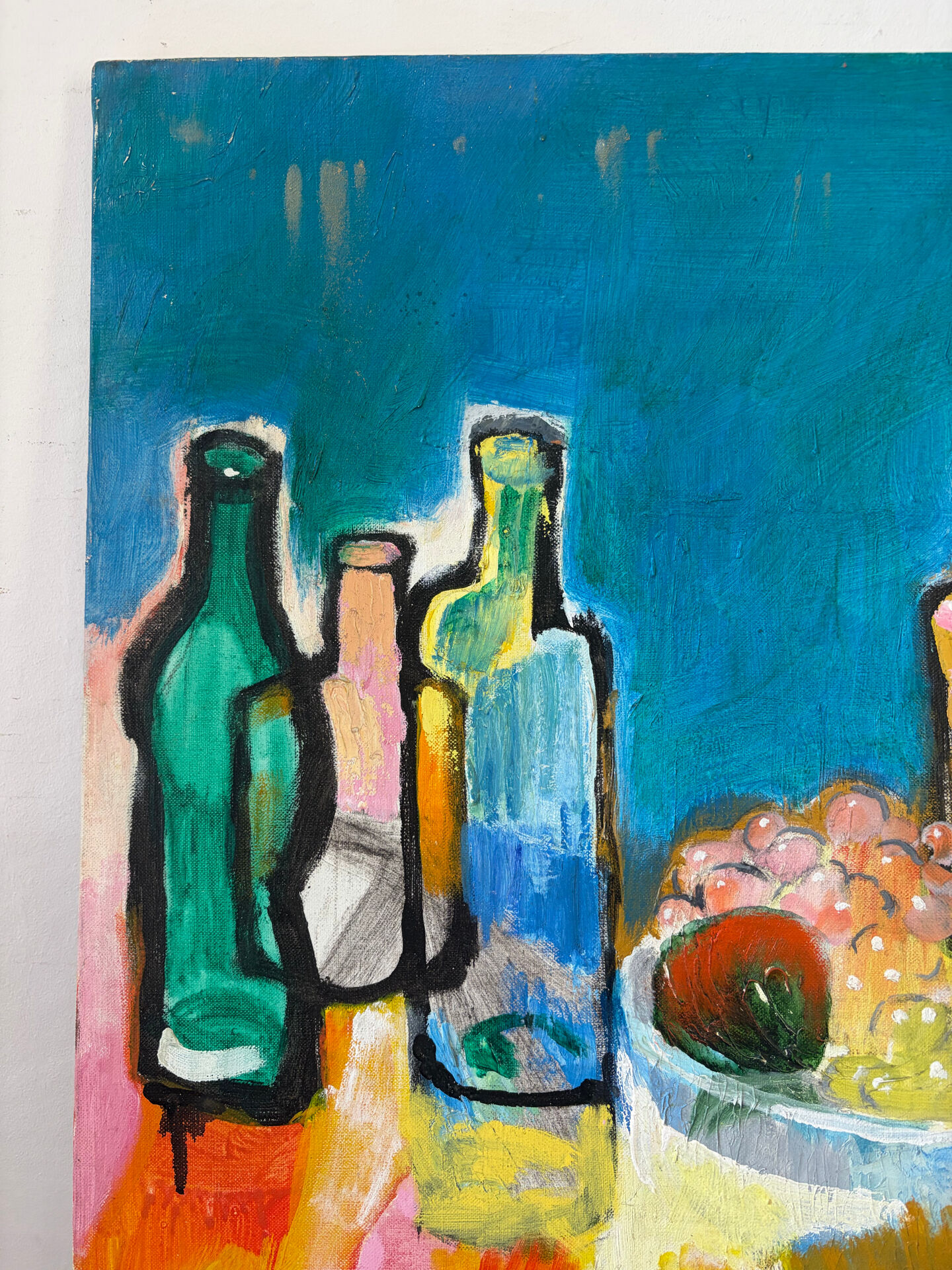 Still life with bottles, oil on canvas signed Miguel Anibal 1989