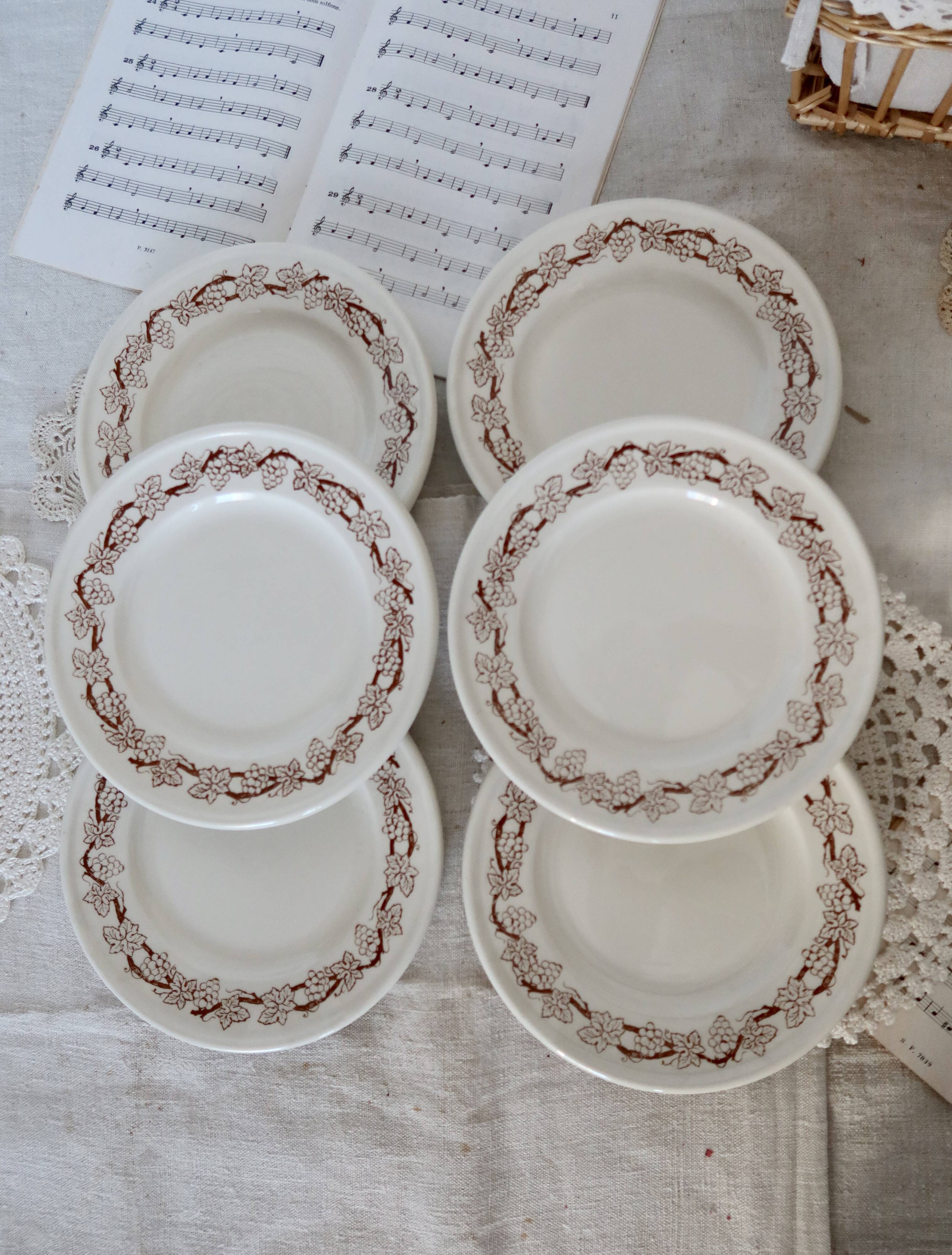6 vintage porcelain dessert plates with brown ivy border