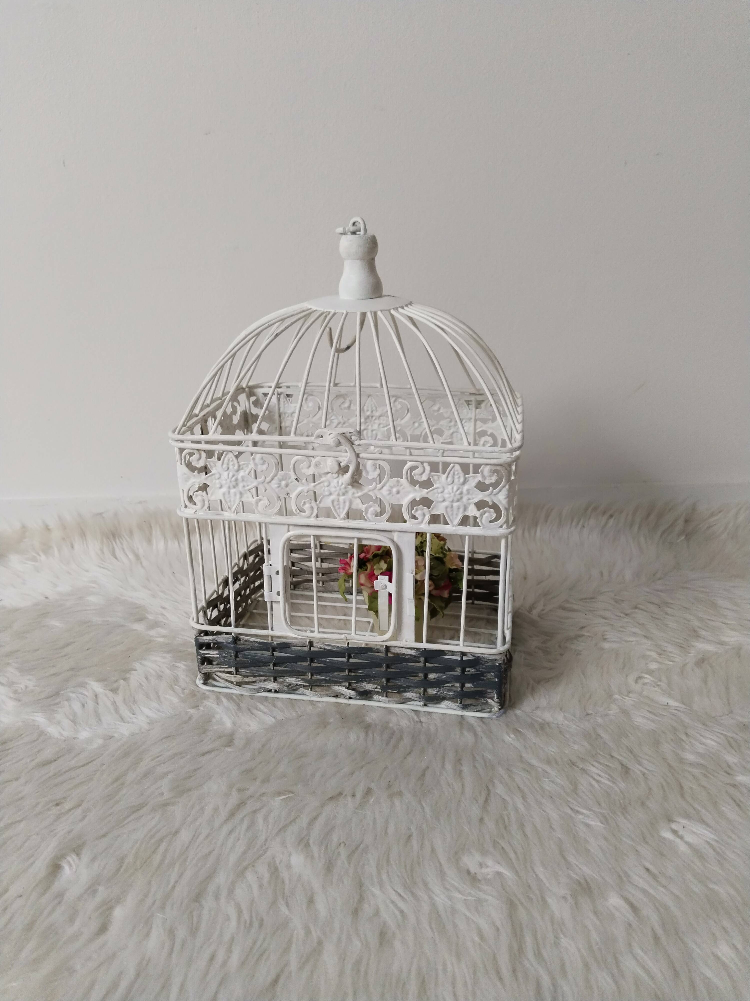 Cage for metal decoration, white patina and rattan, wedding decoration, aviary
