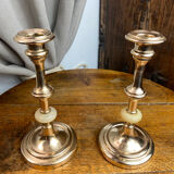 Pair of brass and stone candlesticks