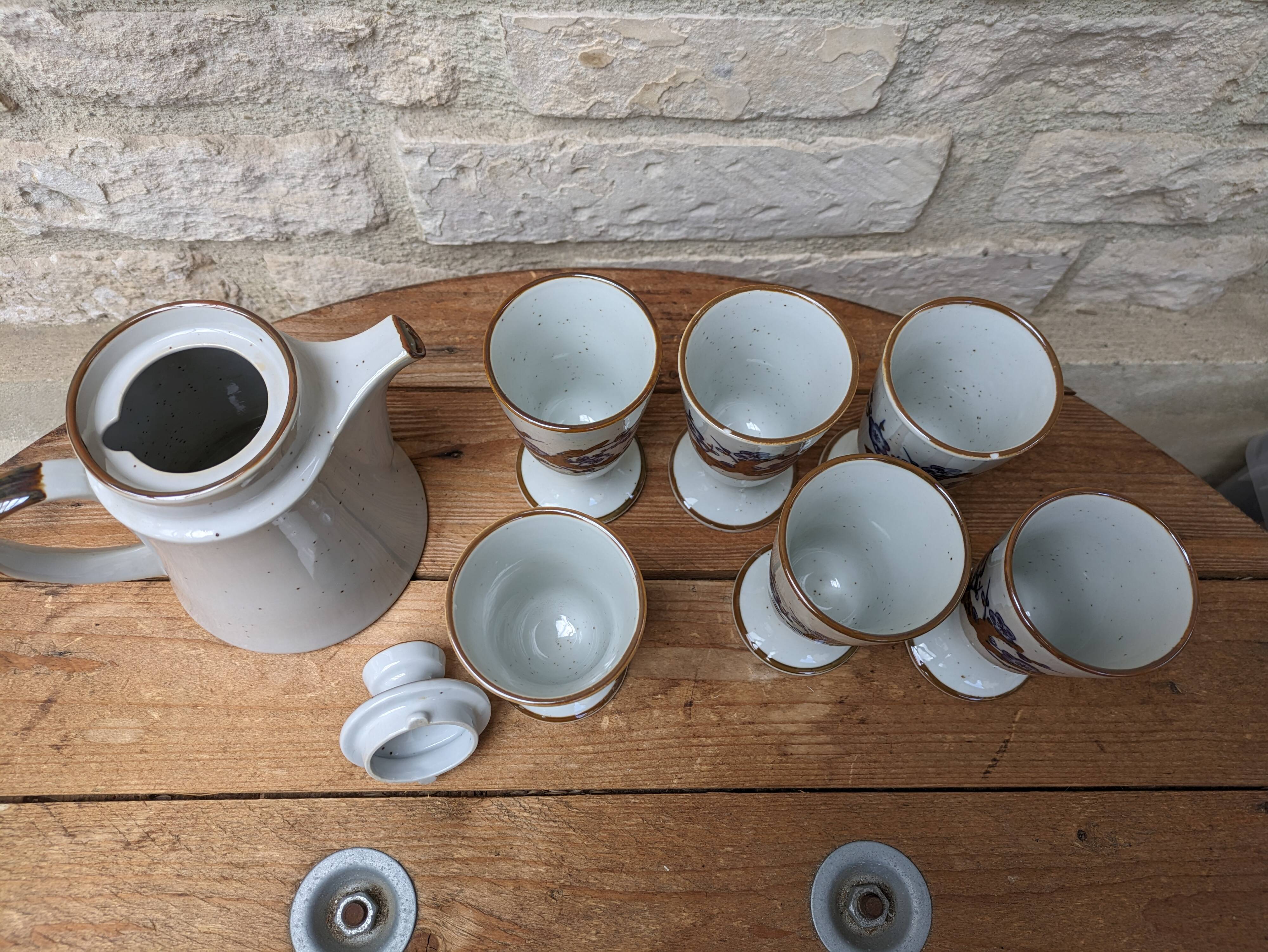 Old coffee service with 6 mazagrans and coffee pot with blue floral decoration