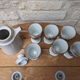 Old coffee service with 6 mazagrans and coffee pot with blue floral decoration