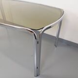 Vintage curved rectangular dining table in smoked glass and chrome metal