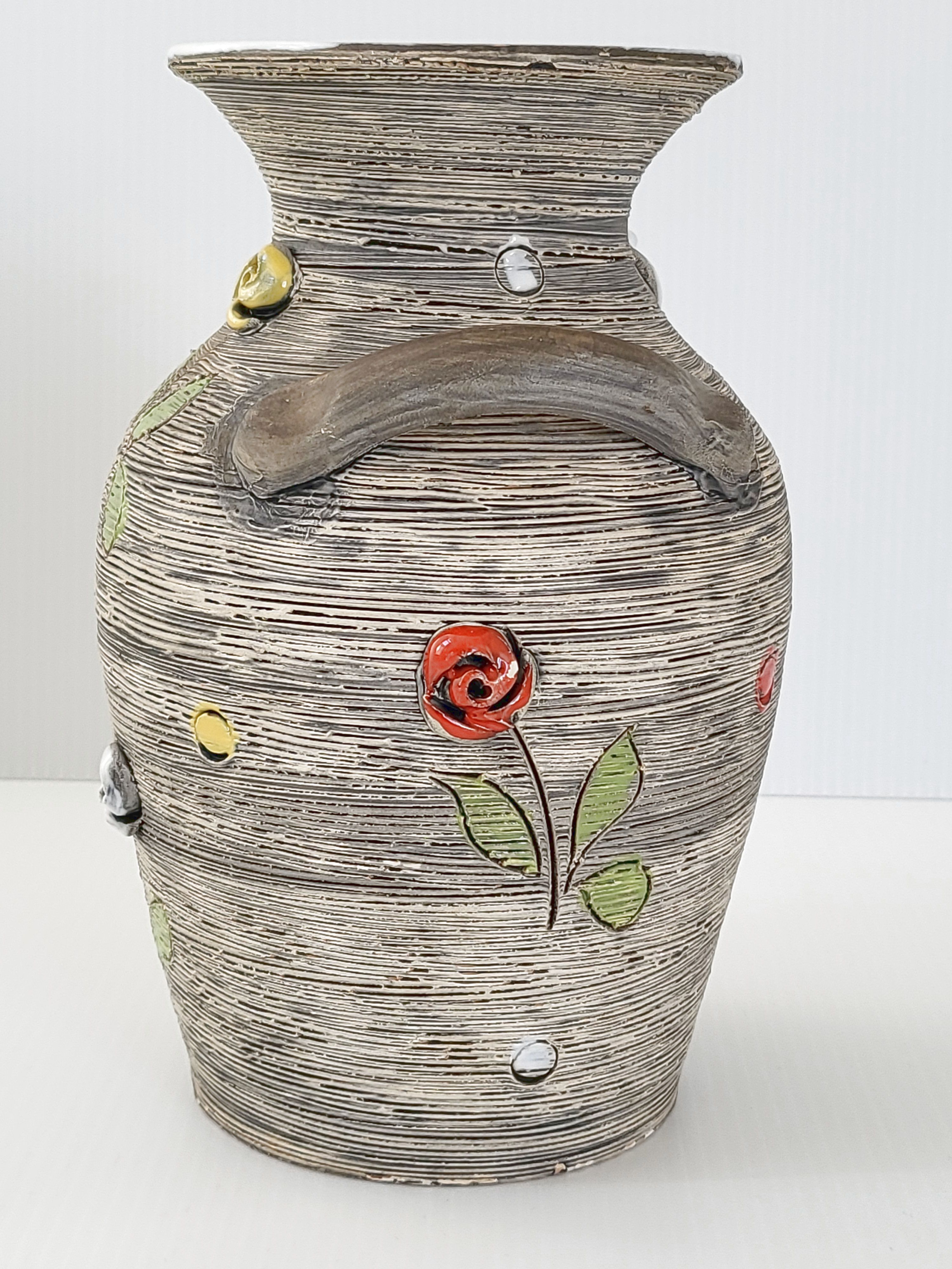 Vintage vase 1950 ceramic flowers relief