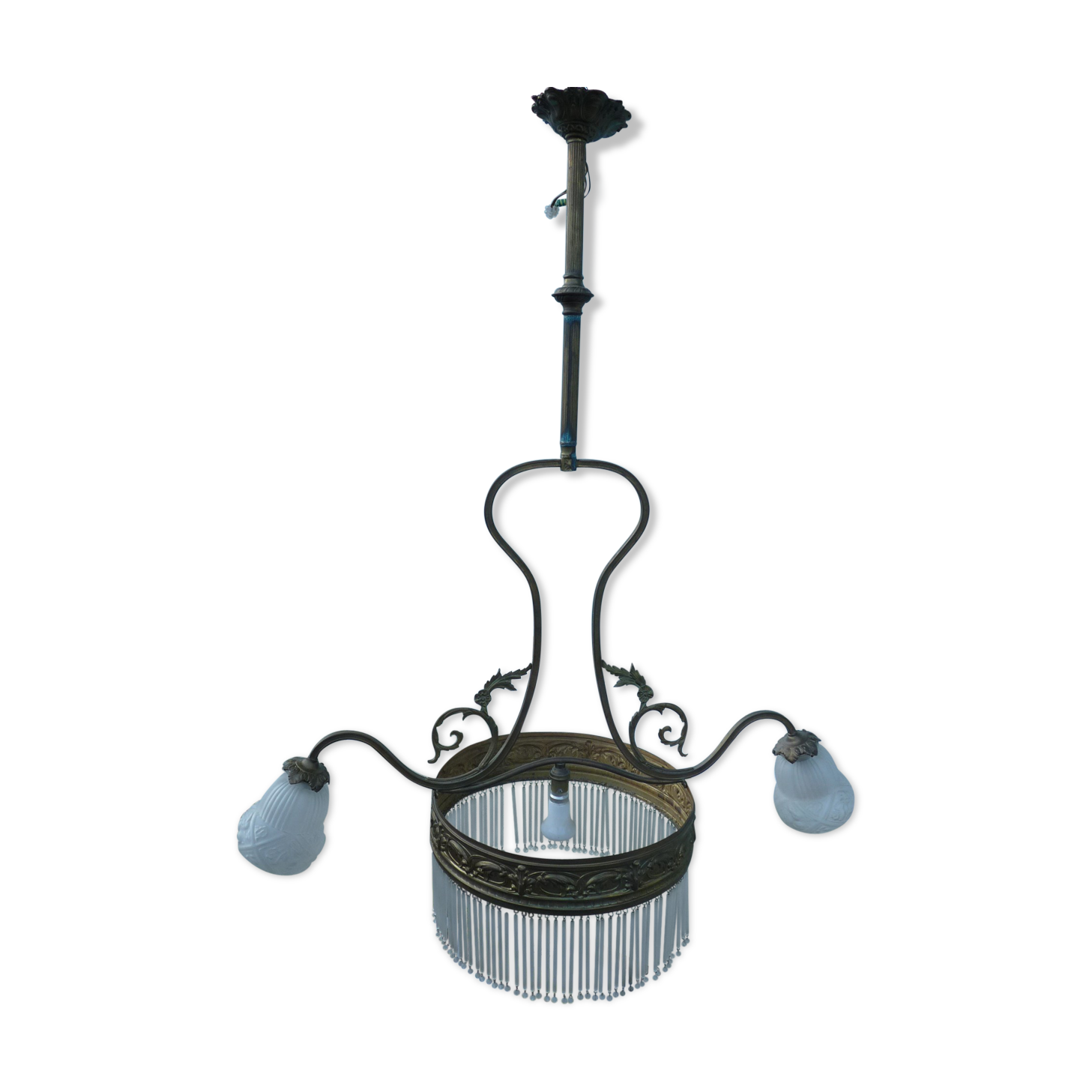 Lustre tulipes verre dépolis 1900 bonze ou laiton