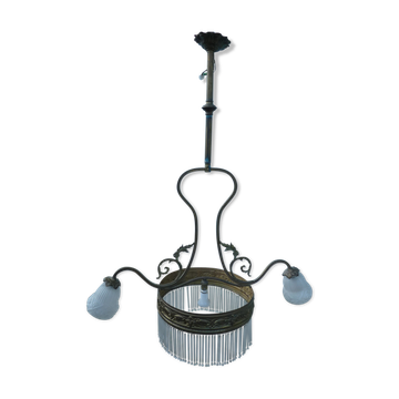 Lustre tulipes verre dépolis 1900 bonze ou laiton