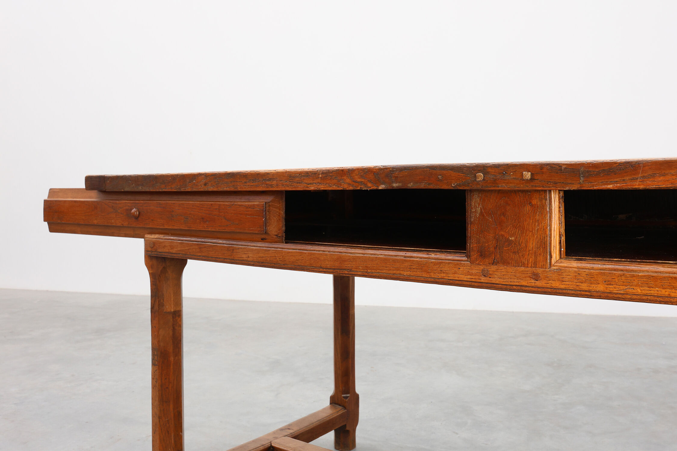 Rustic 19th century oak dinner table with drawers opening laterally, France