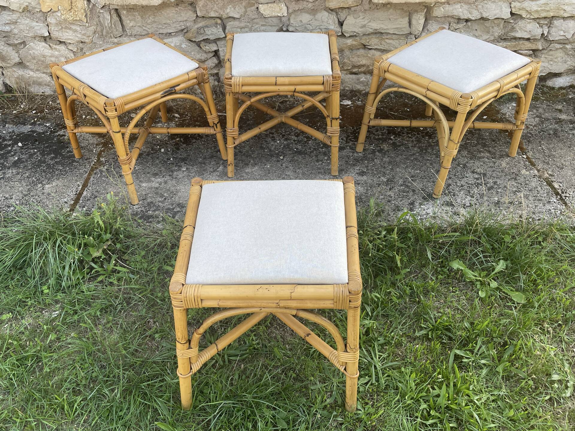 4 tabourets vintage bambou et rotin – années 60/70
