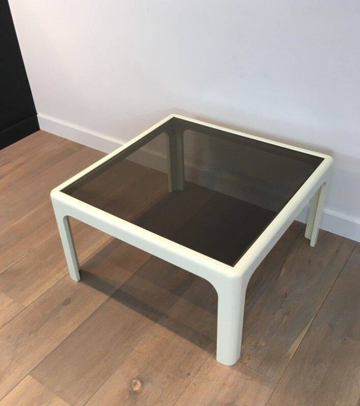 Pair of large white lacquered fiberglass side tables. Poschinger