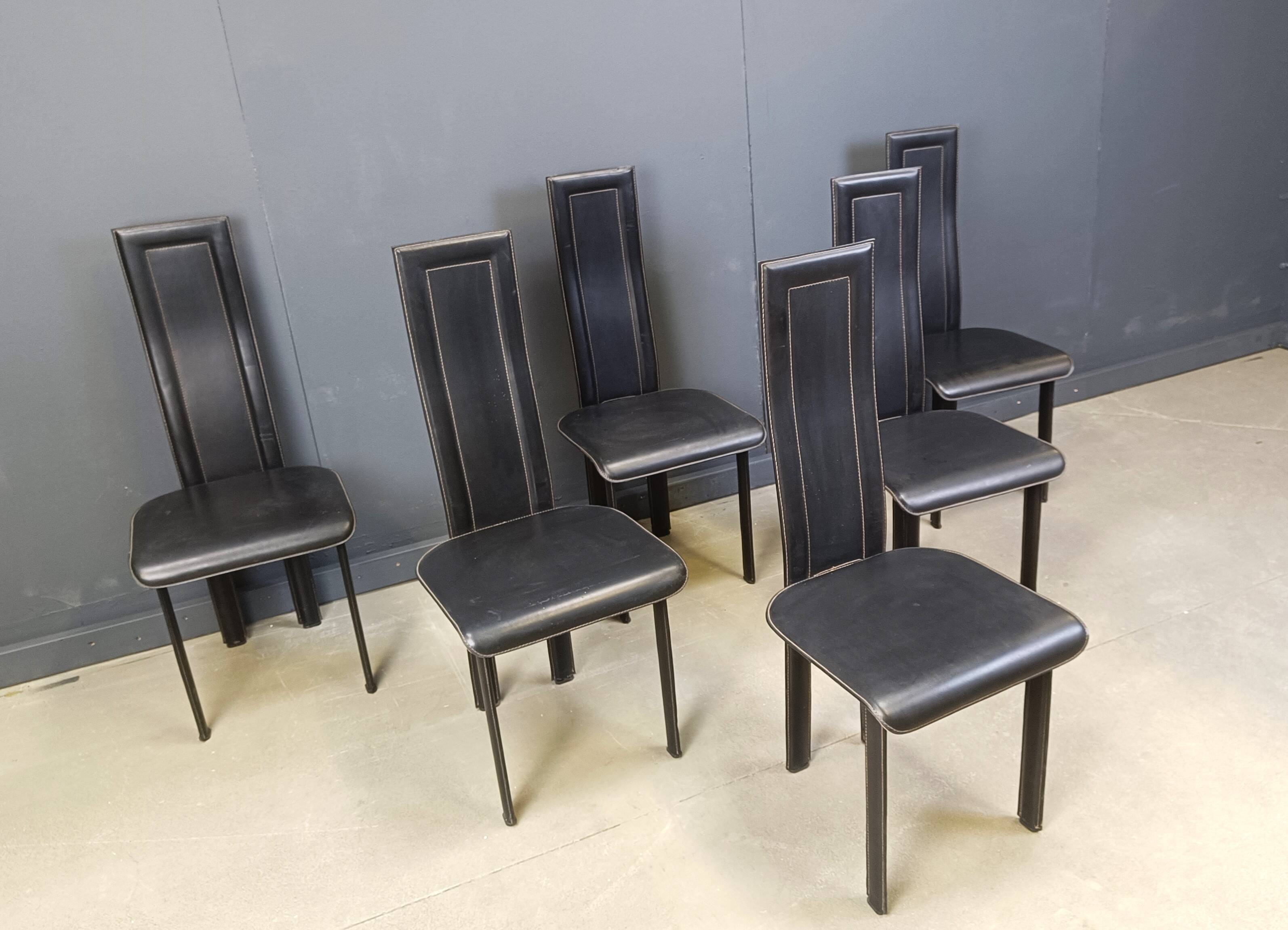 Set of 6 post modern black leather dining chairs, 1980s