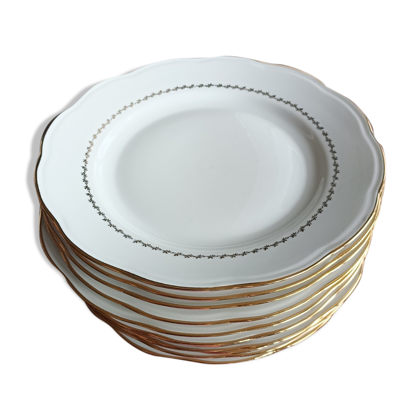 12 flat plates in SFP porcelain - White and Gold