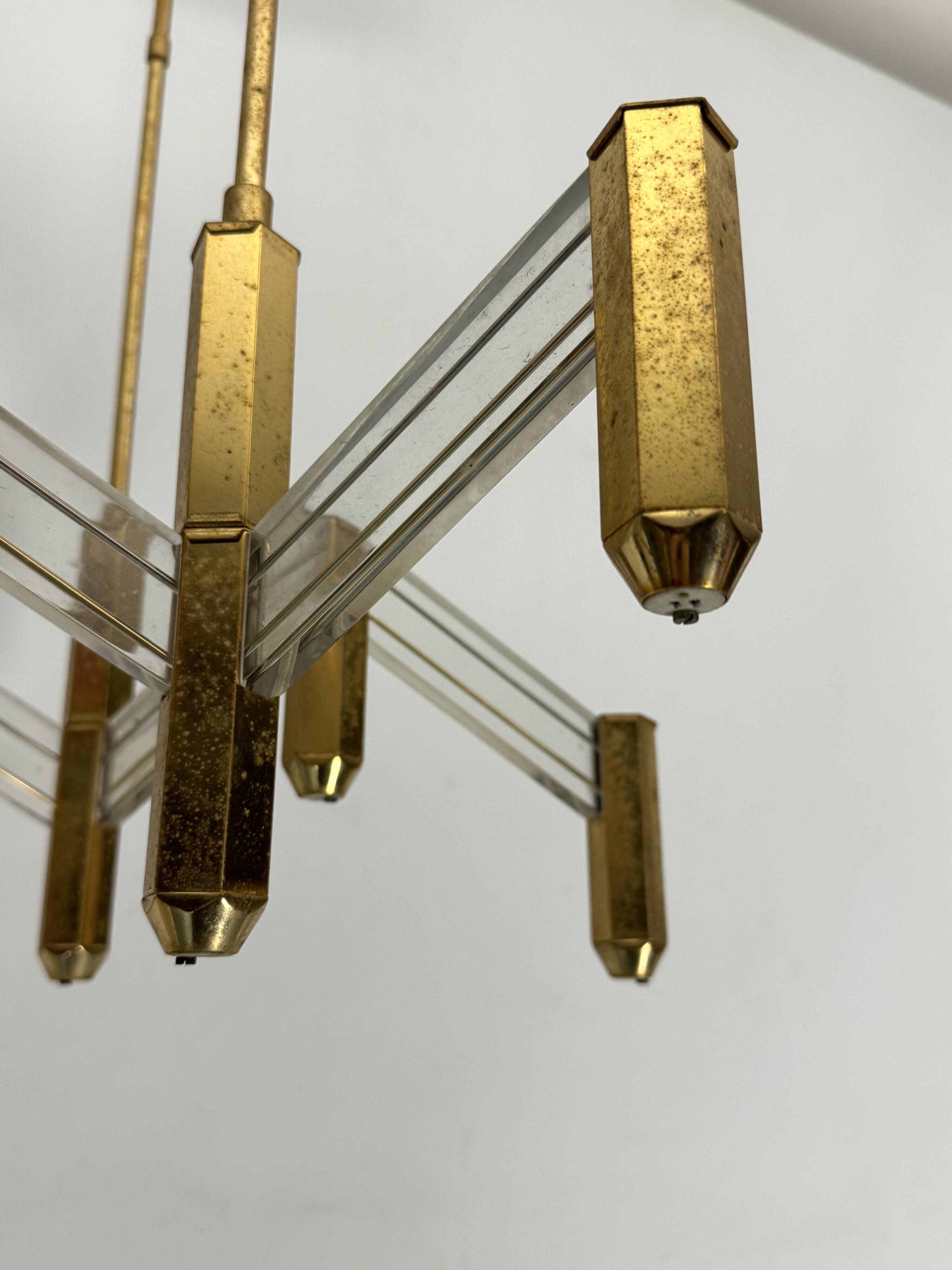 Vintage Italian brass and perspex chandelier by Zeroquattro from 70s