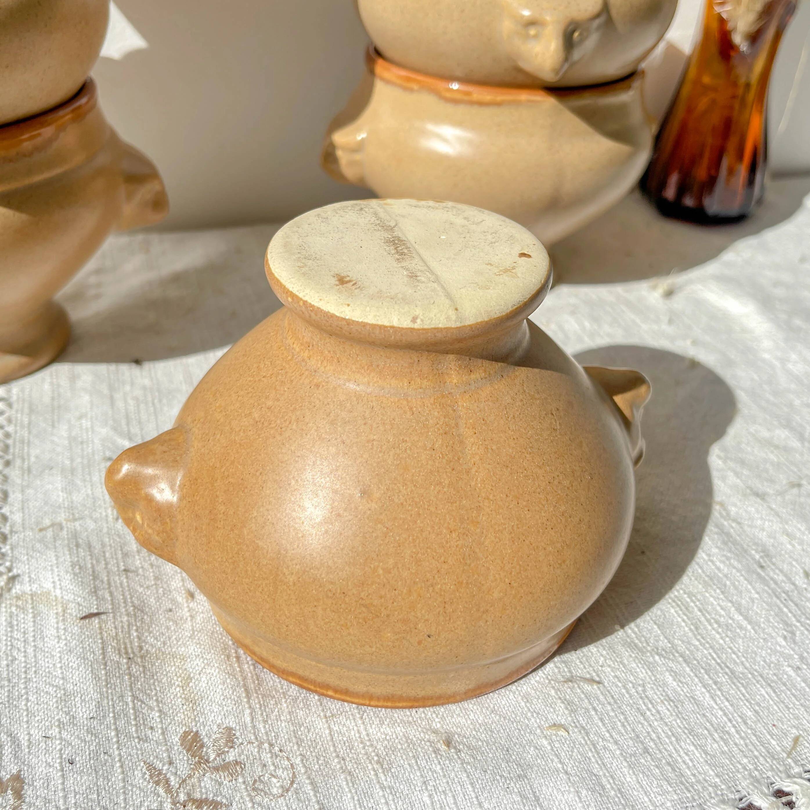 6 vintage Emile Henry ceramic lion head onion soup bowls - beige and honey, made in France