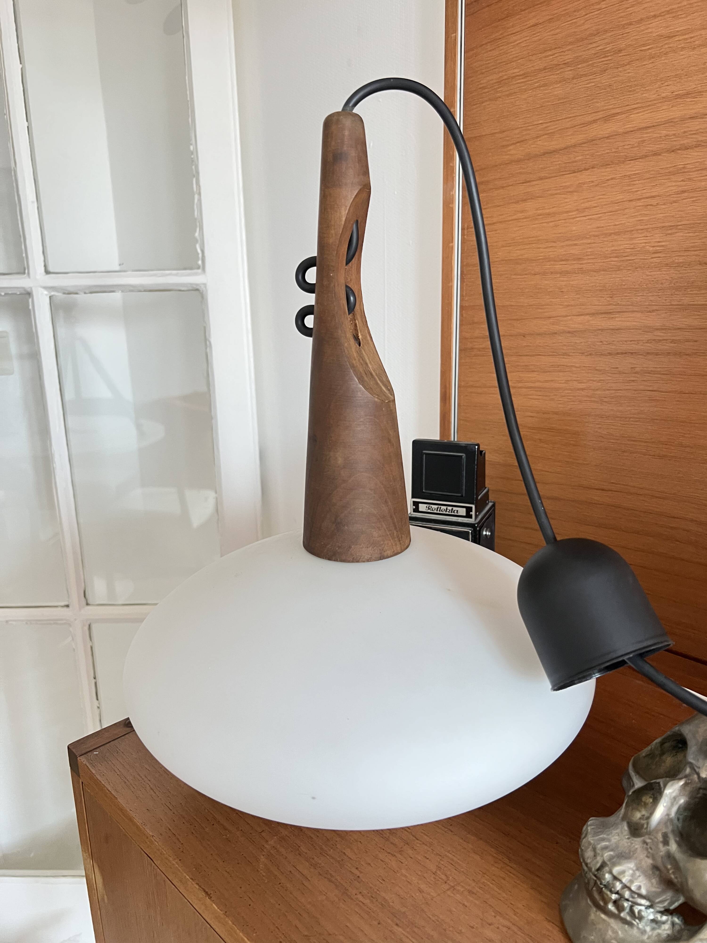 Pendant lamp in teak and opaline glass by Uno and Östen Kristiansson Luxus 50s