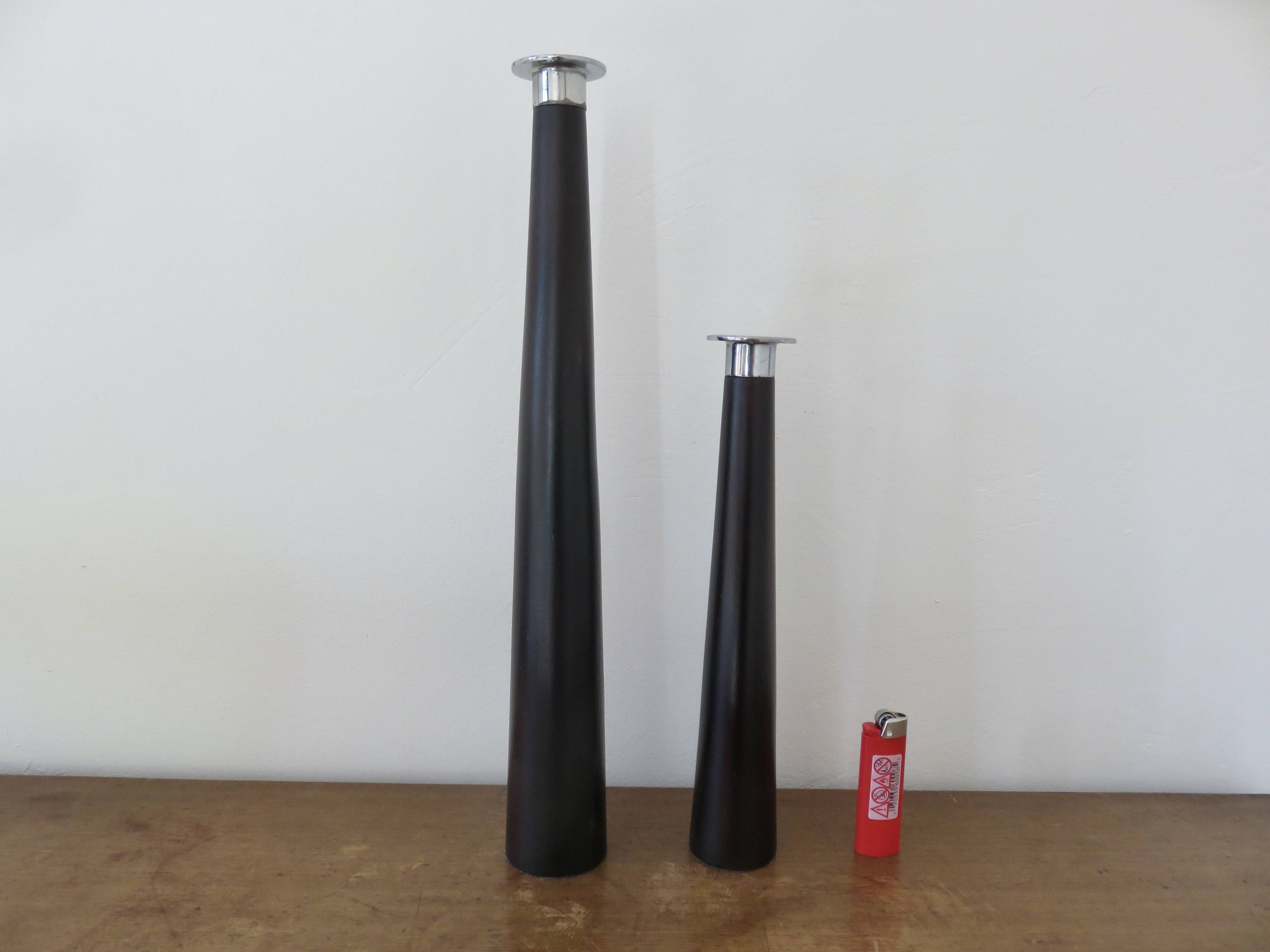 Pair of designer candlesticks, XXL, tapered, teak and chrome metal, 1980s