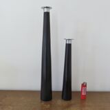 Pair of designer candlesticks, XXL, tapered, teak and chrome metal, 1980s