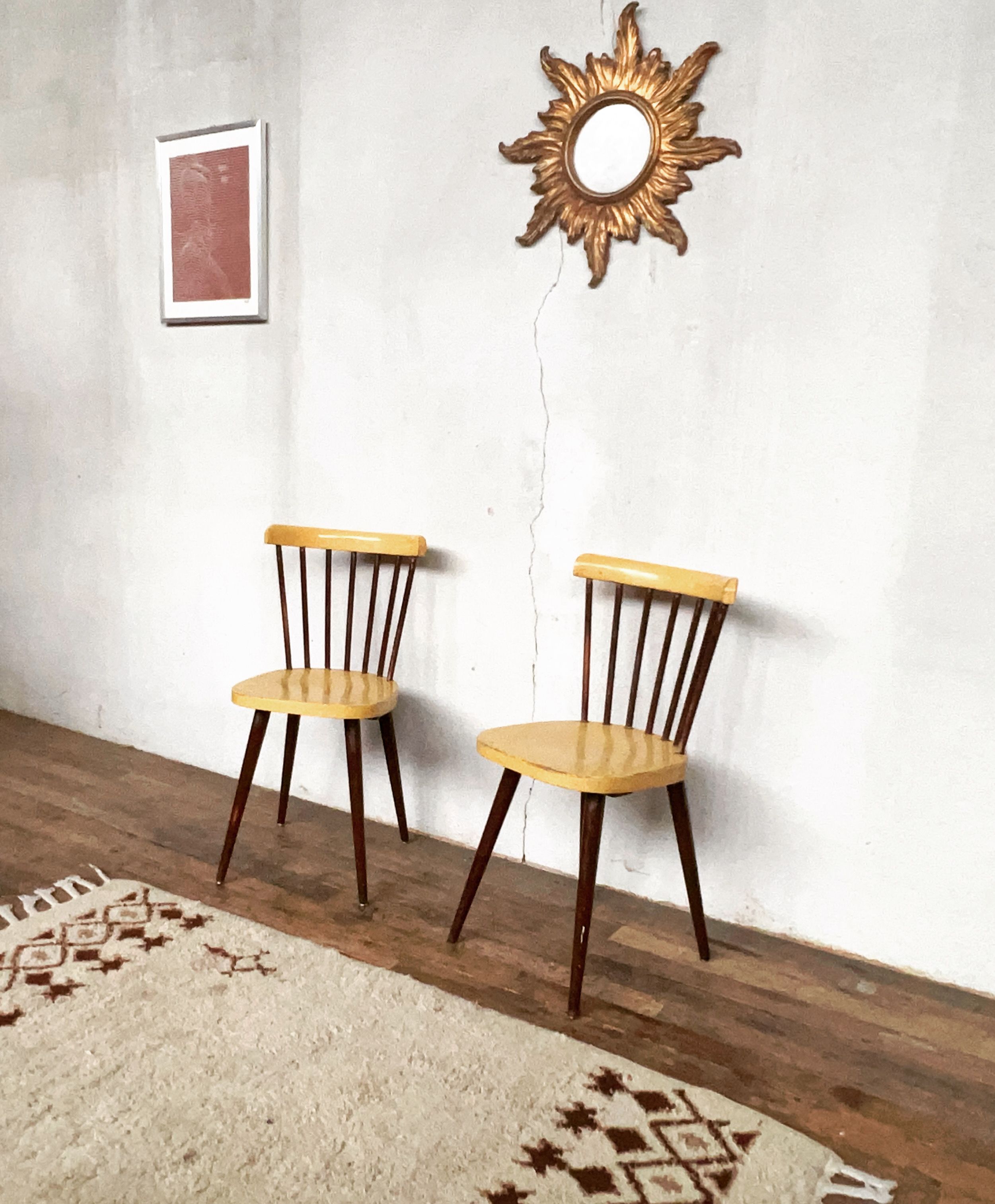 Pair of Baumann bistrot troquet chairs in yellow and brown wood
