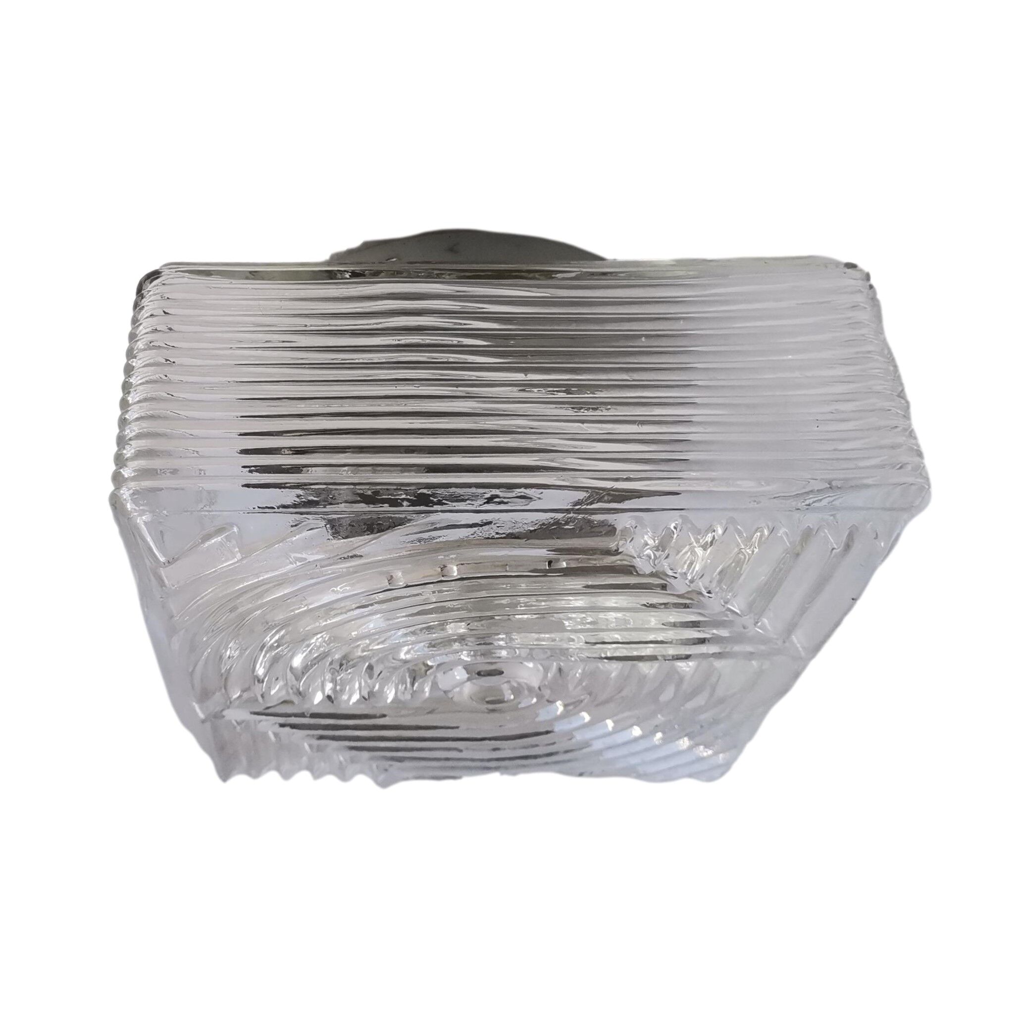 Square mid century clear ribbed glass flush mount light fixture lamp 1960s