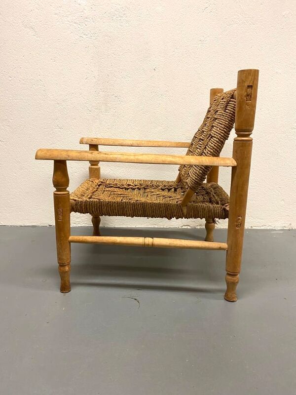 Fauteuil et repose pied en bois et corde