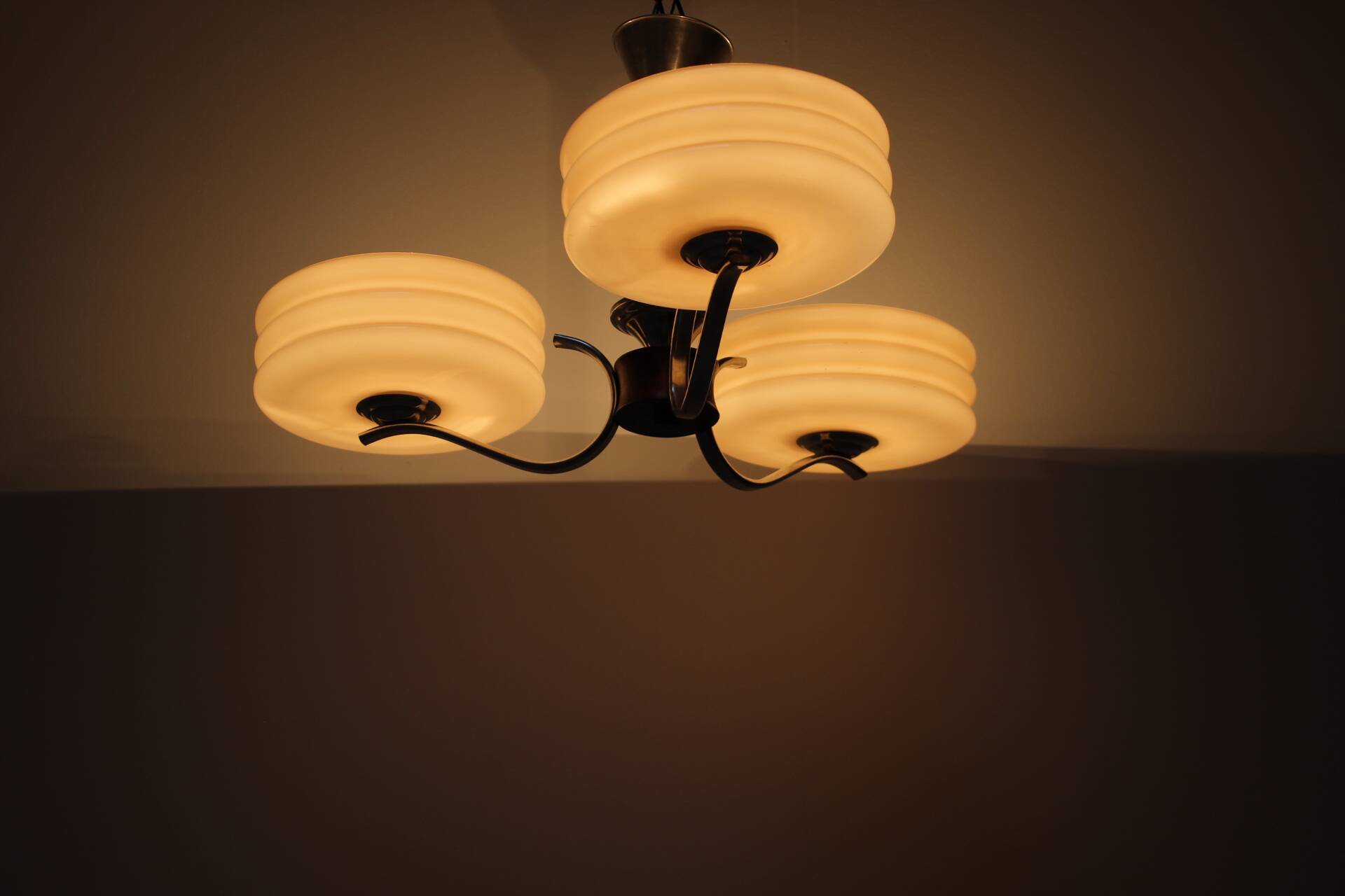 Art Deco Chrome and Pink Glass Chandelier, 1930's, Czechoslovakia