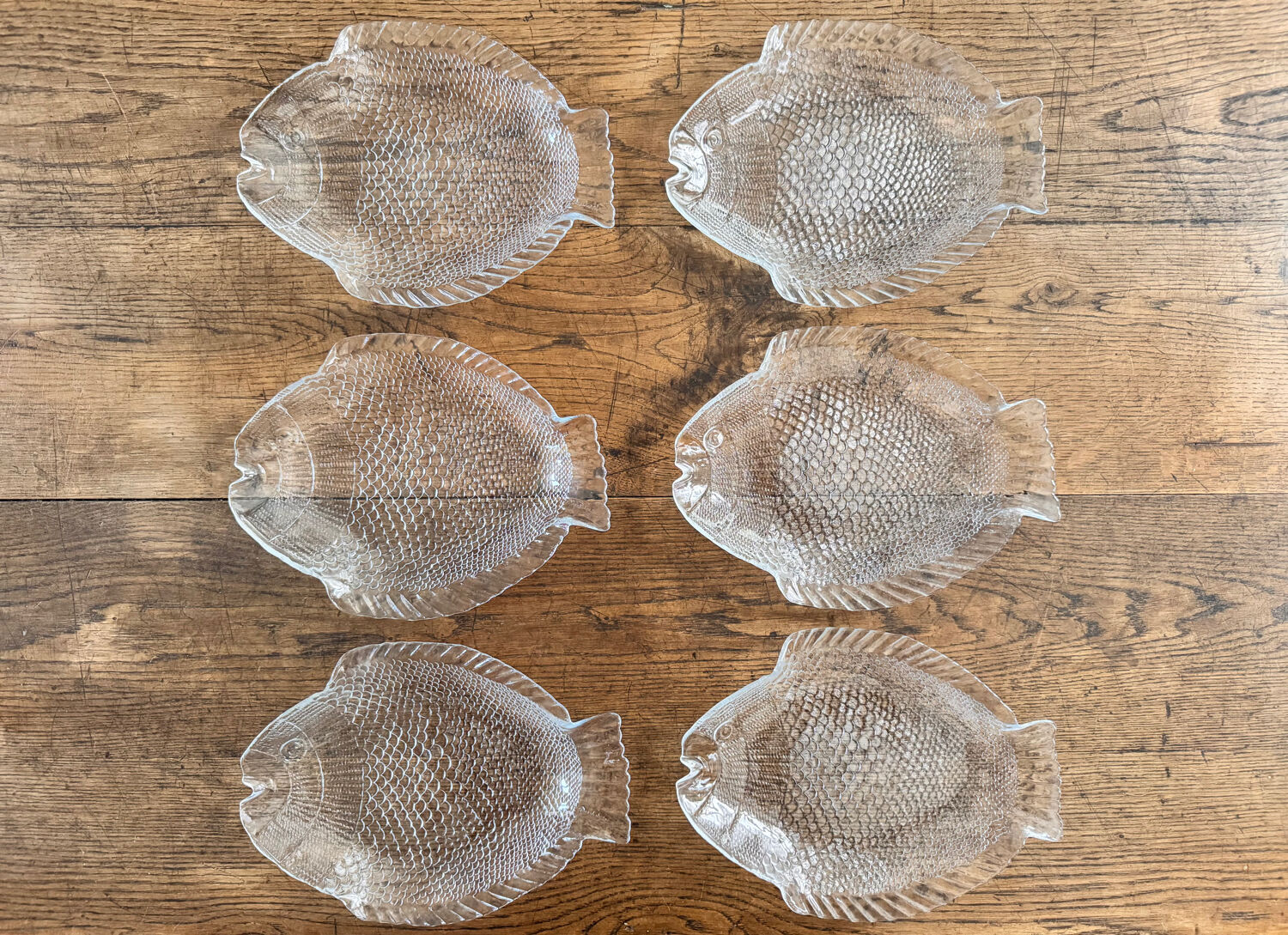 6 vintage Pasabahce clear glass fish plates