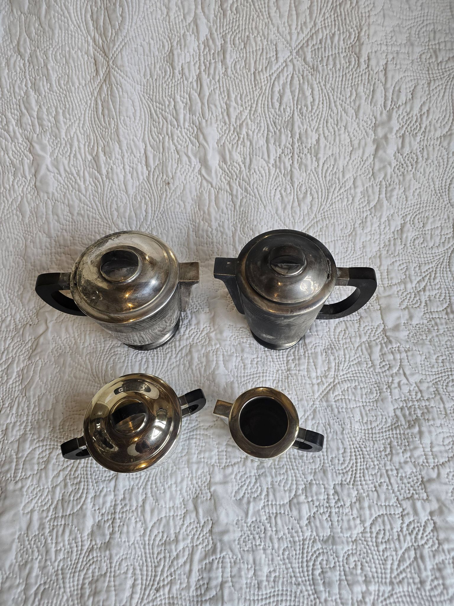 Art Deco tea and coffee service in silver-plated metal and Bakelite, 1930s