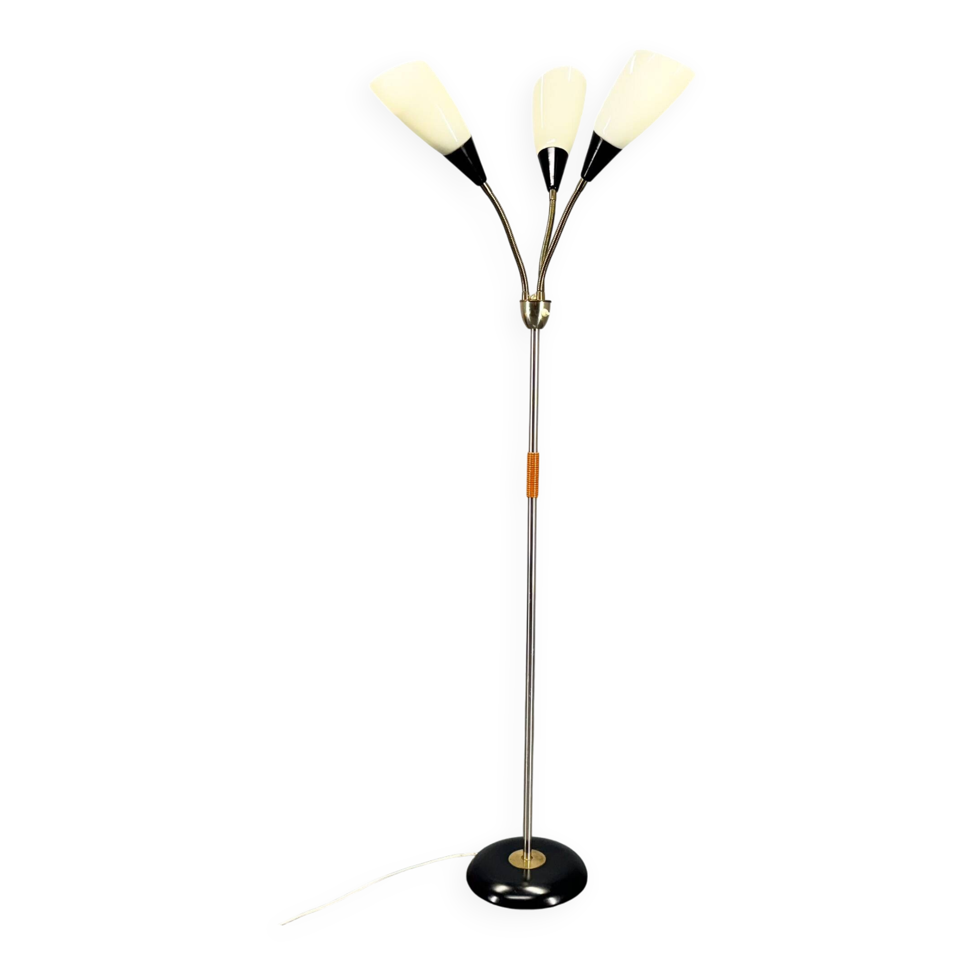 1950s Brass & Glass Adjustable Floor Lamp with Wooden Detail
