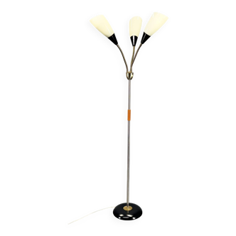 1950s Brass & Glass Adjustable Floor Lamp with Wooden Detail