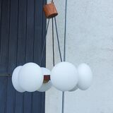 Scandinavian teak and white opaline chandelier with 6 lights from the 70s