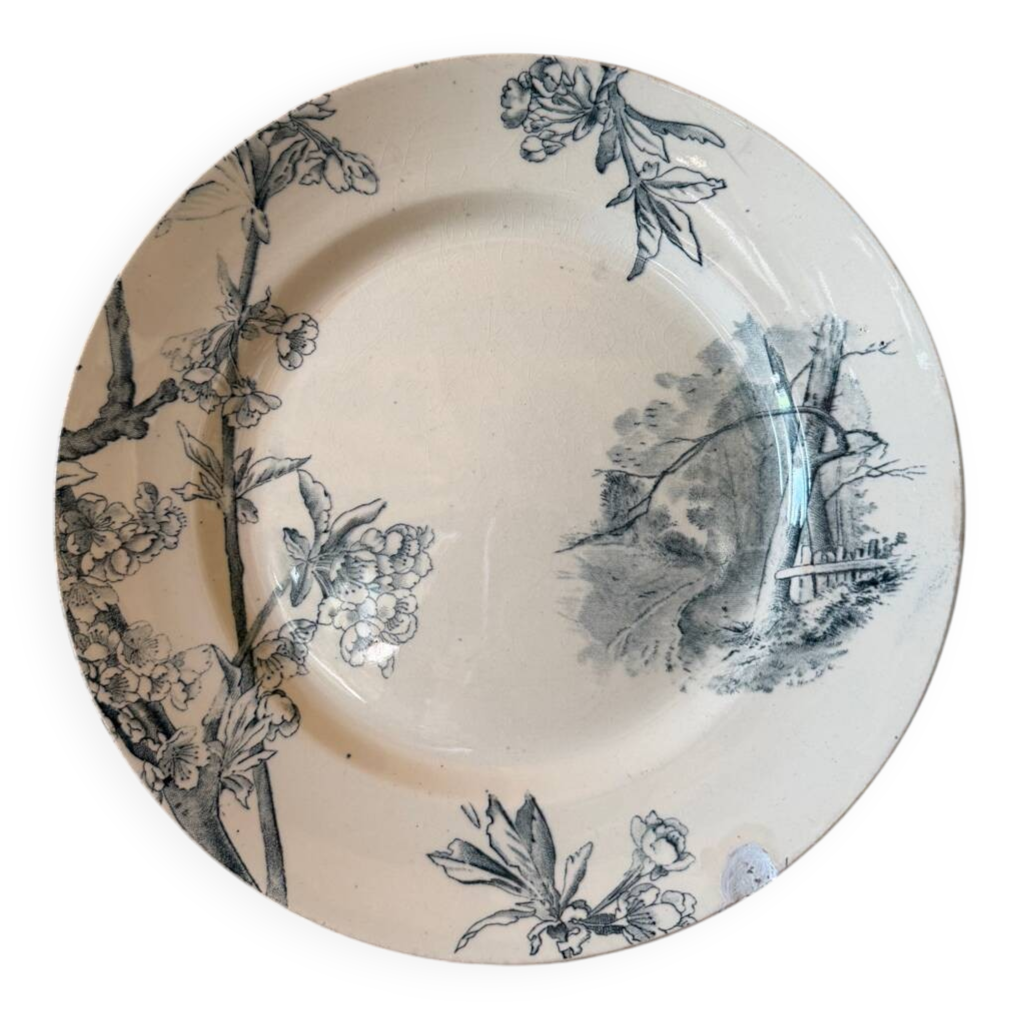 Plate on pedestal Creil and Montereau model Cherry Tree