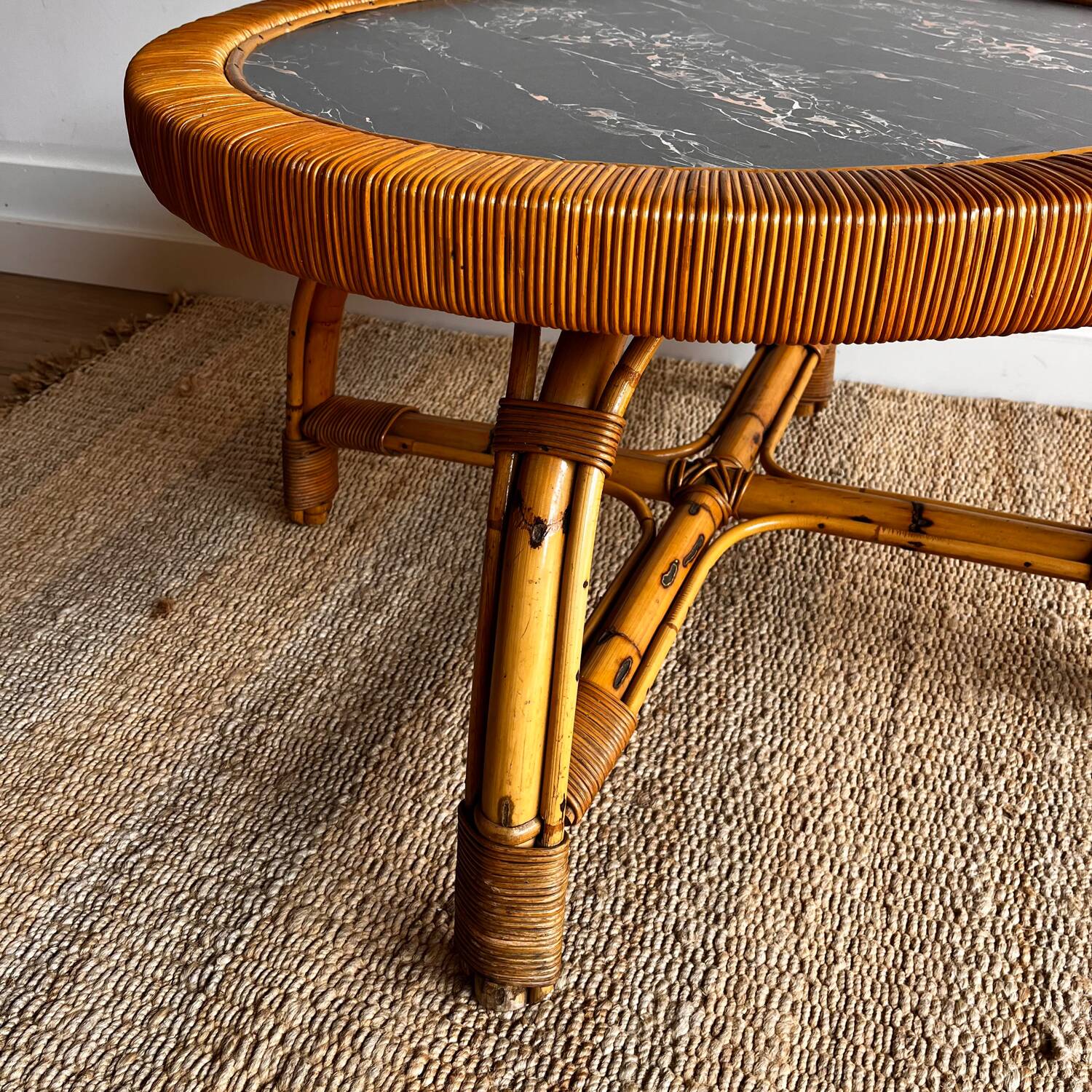 Rattan Bamboo Coffee table Marble top look