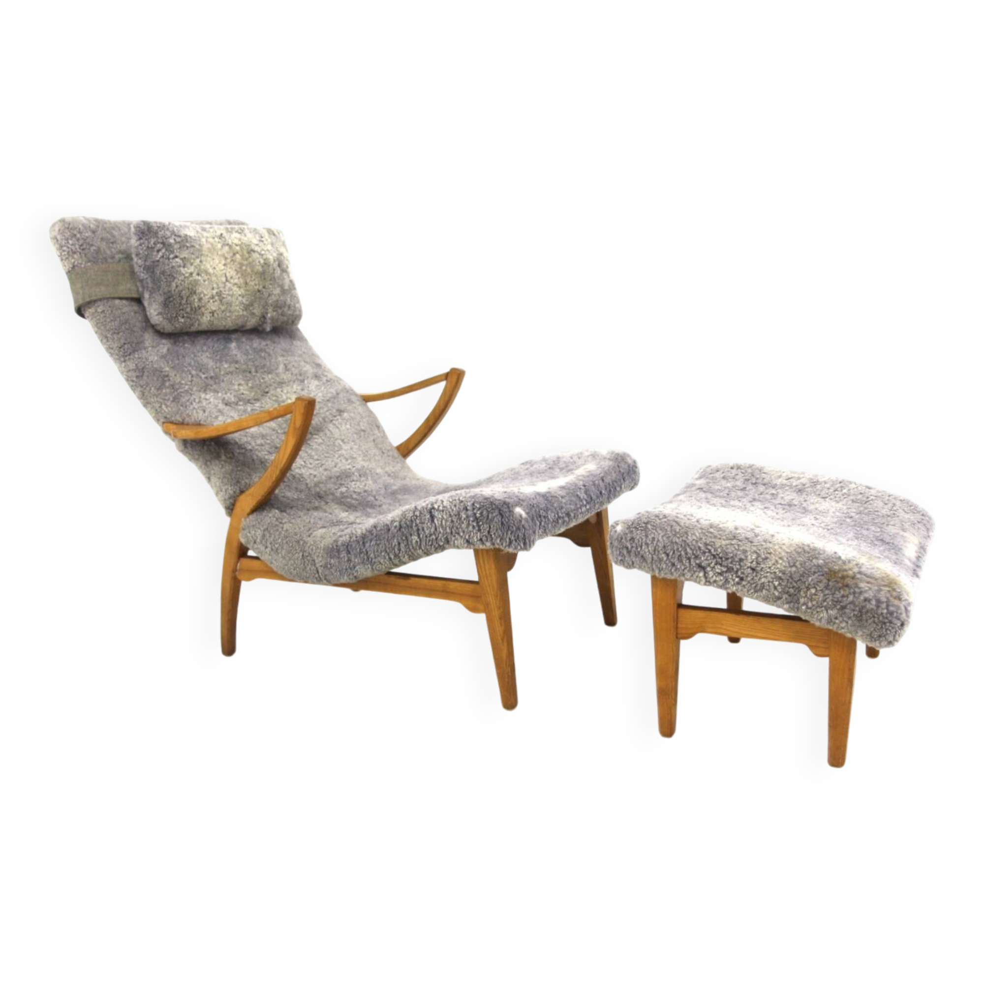 Scandinavian sheepskin armchair and footstool, Sweden, 1960
