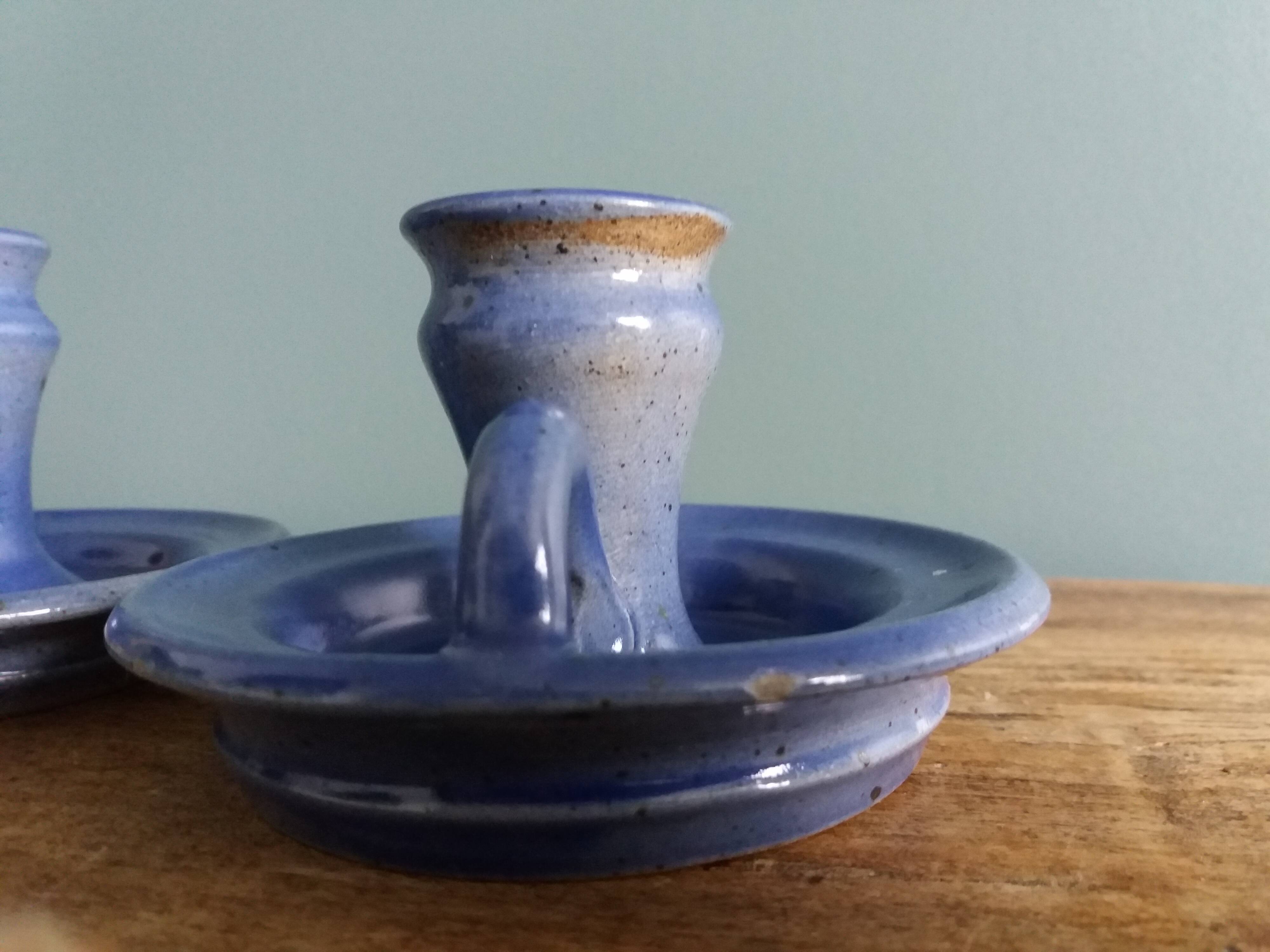 Stoneware candlesticks signed artisanal ceramics