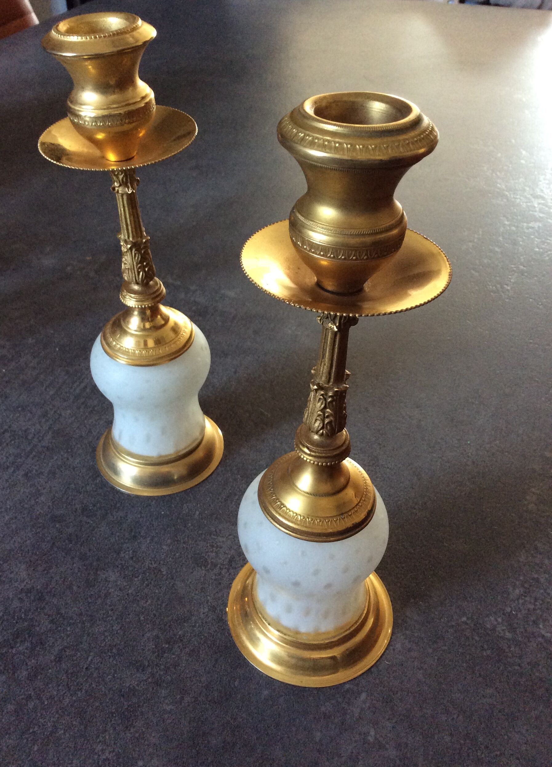 Pair of vintage candle holders in brass and glass paste