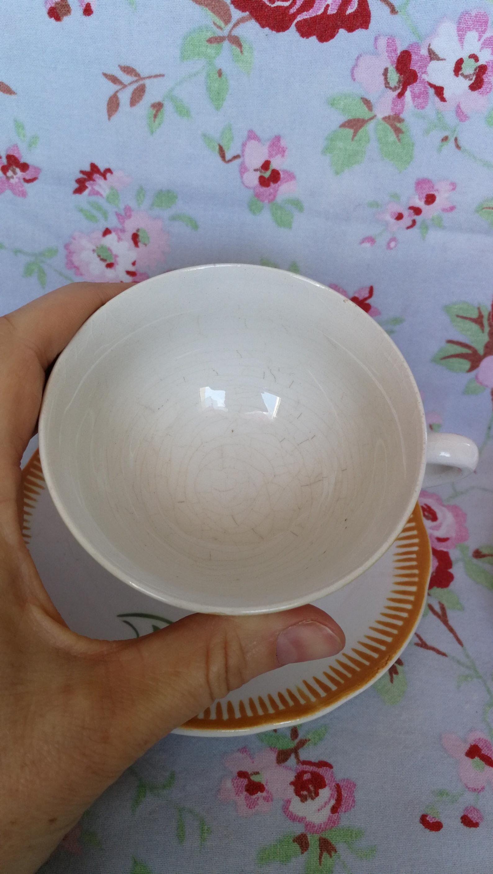 2 Old Badonviller Orange and Green Flower Cups and Sauces - Coffee or Tea Service for 2