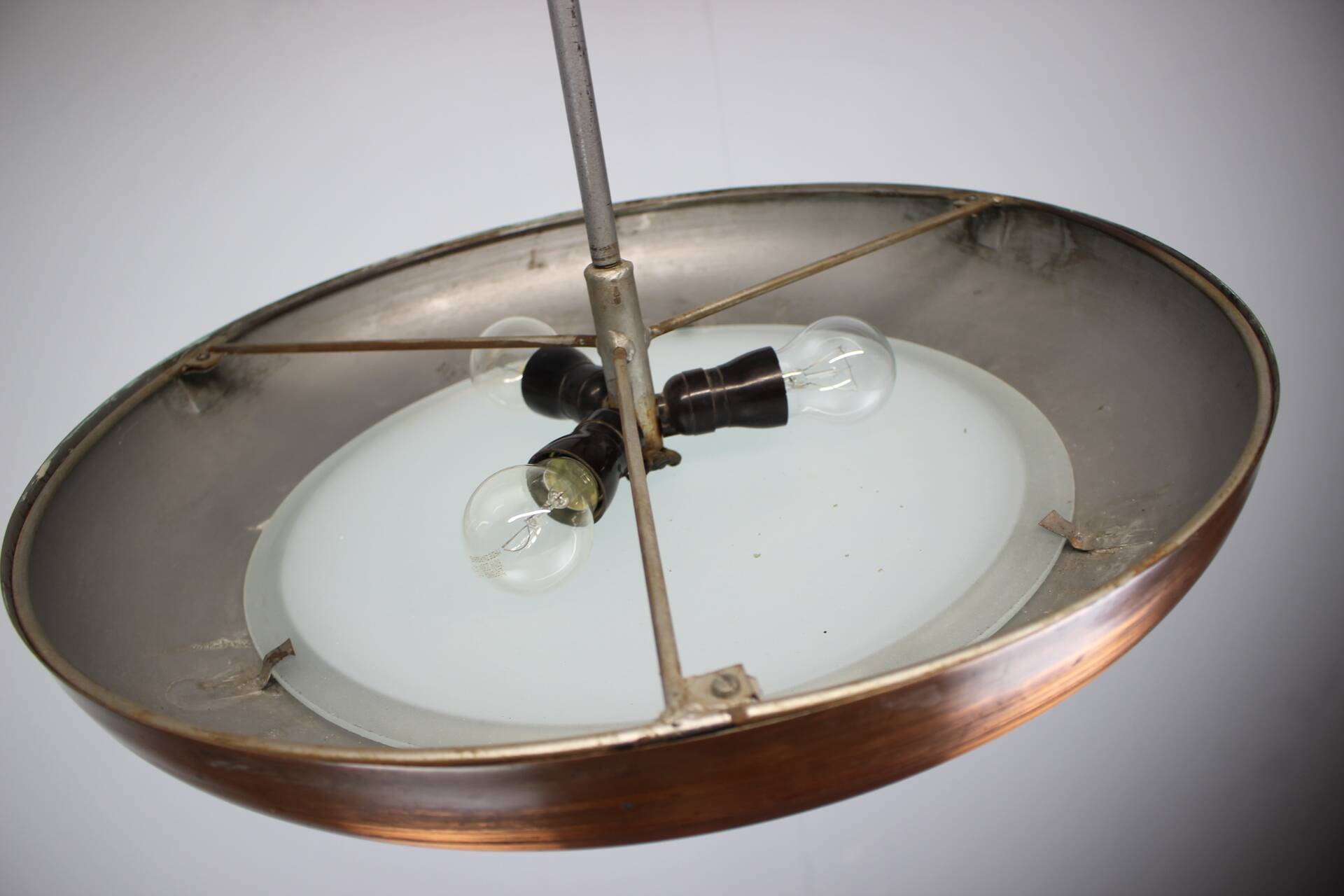 Large Art Deco Copper UFO Hanging Lamp, Czechoslovakia, 1930s