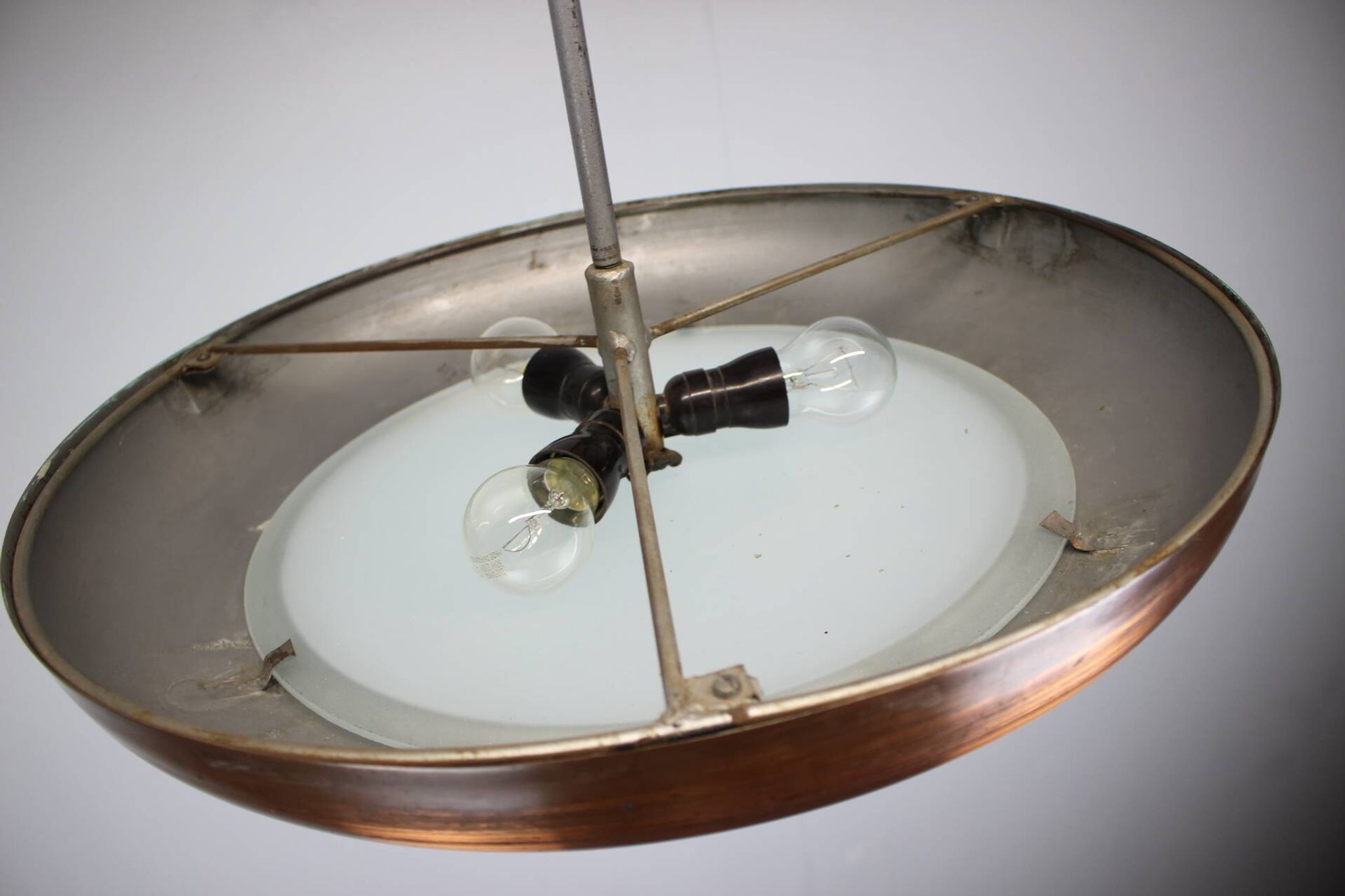 Large Art Deco Copper UFO Hanging Lamp, Czechoslovakia, 1930s