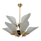 Nine-light Chandelier Brass and Acid-etched Glass by F. Fabbian, 1980s