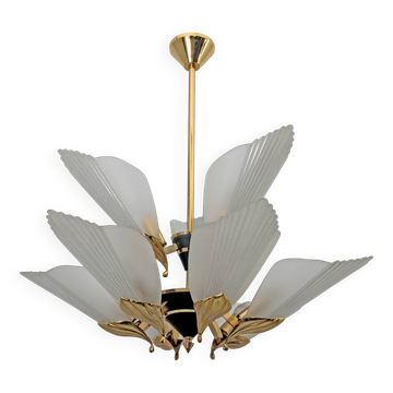 Lustre à neuf lumières en laiton et verre gravé à l'acide par F. Fabbian, années 1980