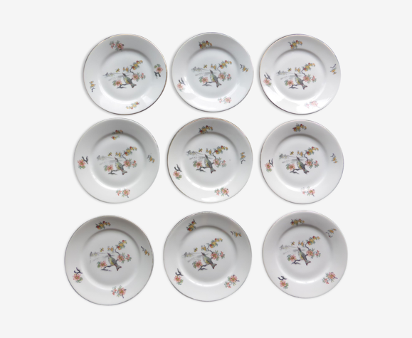 Plat à gâteau et 9 assiettes à dessert en porcelaine Limosa Ste Foy-Décor d'oiseaux