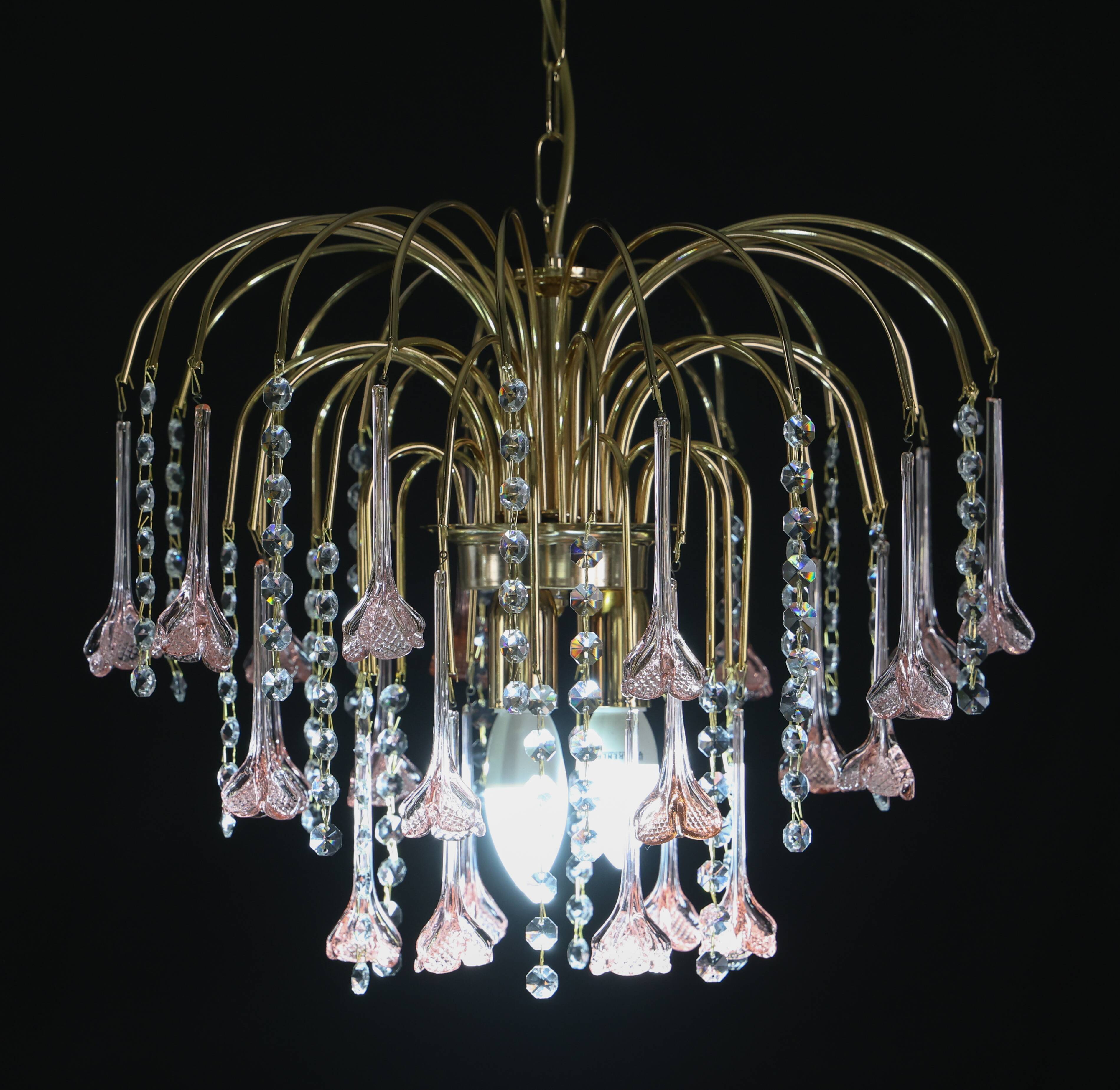 Set of 2 Meryl Streep, Pink Murano Flowers and Crystal Drops Chandelier, 19