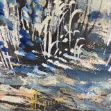Large watercolor from the early 20th century, signed landscape of a wooded river bank