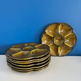 Set of 8 vintage Gien oyster plates in khaki green and black earthenware