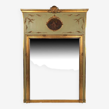 Large Louis XVI style trumeau, green lacquered wood, early 20th century gilding