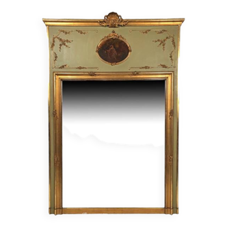 Large Louis XVI style trumeau, green lacquered wood, early 20th century gilding