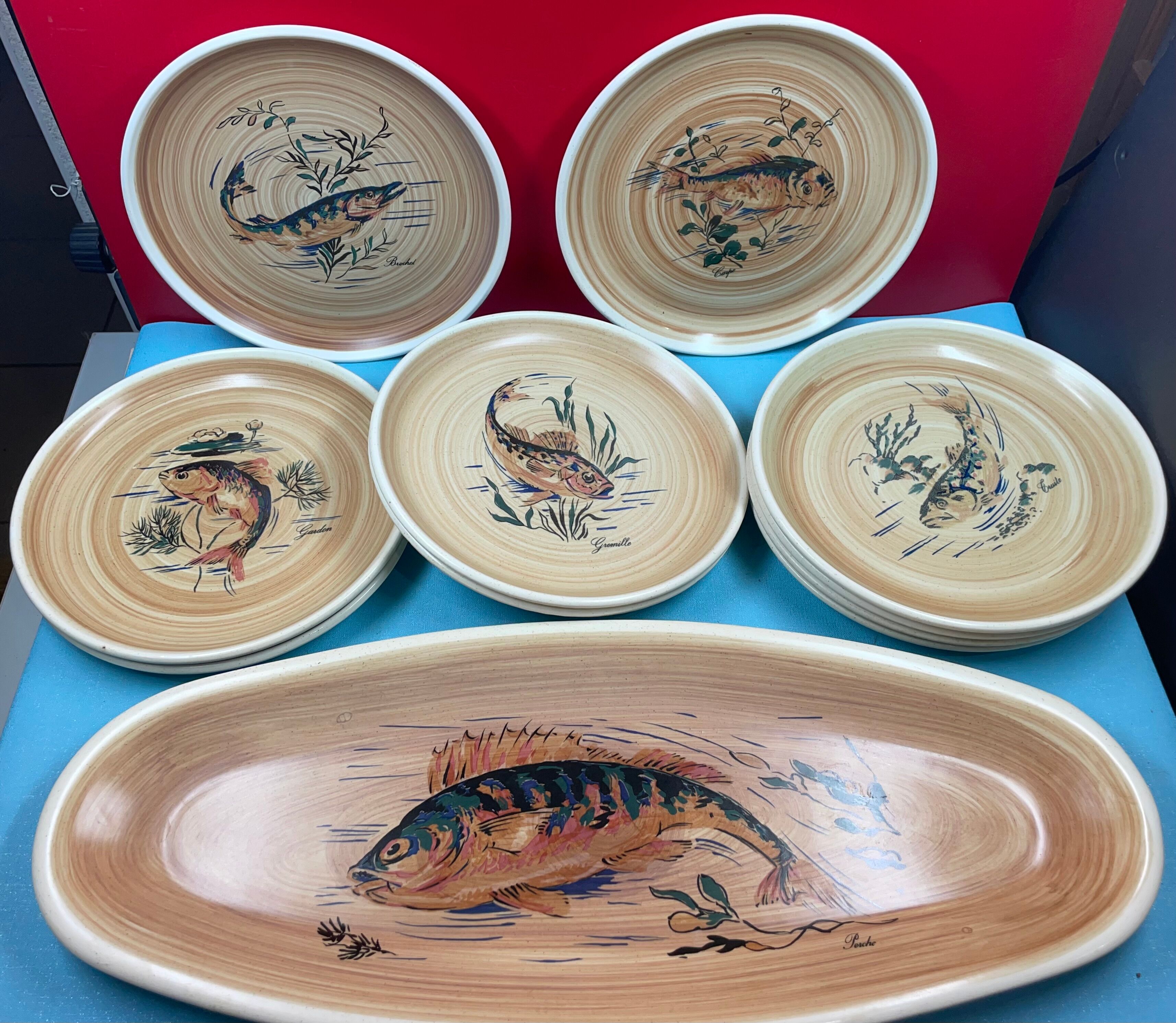 Fish service, Main course and 10 plates Sarreguemines Granville, vintage
